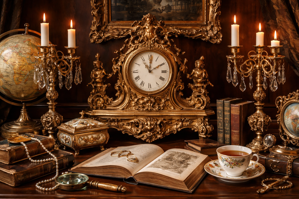 Victorian era antique mantel clock with ornate brass candelabras, vintage books, porcelain teacup, and classic collectible décor displayed in an elegant antique setting